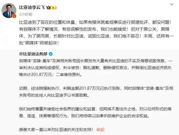 龙猪-集车恶意抹黑比亚迪遭重罚，赔偿201.87万元引热议