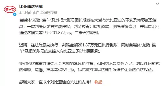 龙猪-集车恶意抹黑比亚迪遭重罚,赔偿201.87万元引热议